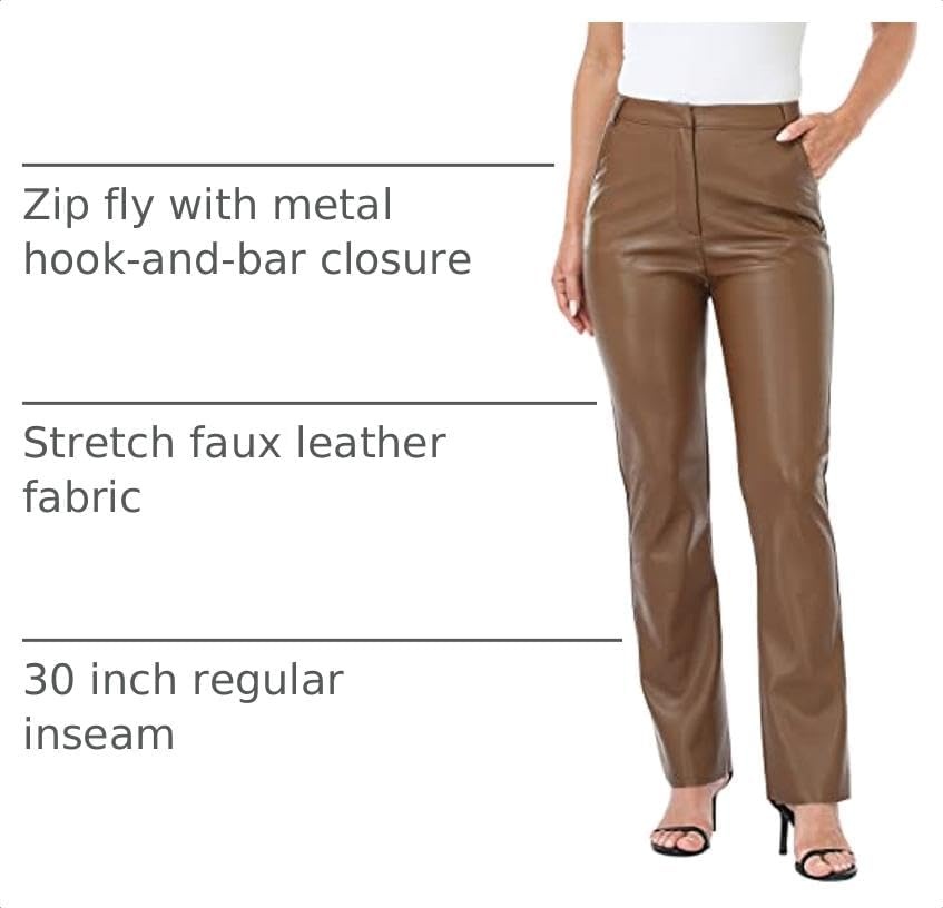 image:imageHDE Womens Faux Leather Pants High Waisted Straight Leg Trousers wPocketsBrown