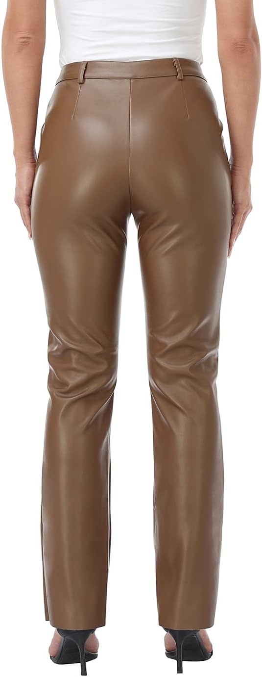 image:imageHDE Womens Faux Leather Pants High Waisted Straight Leg Trousers wPocketsBrown