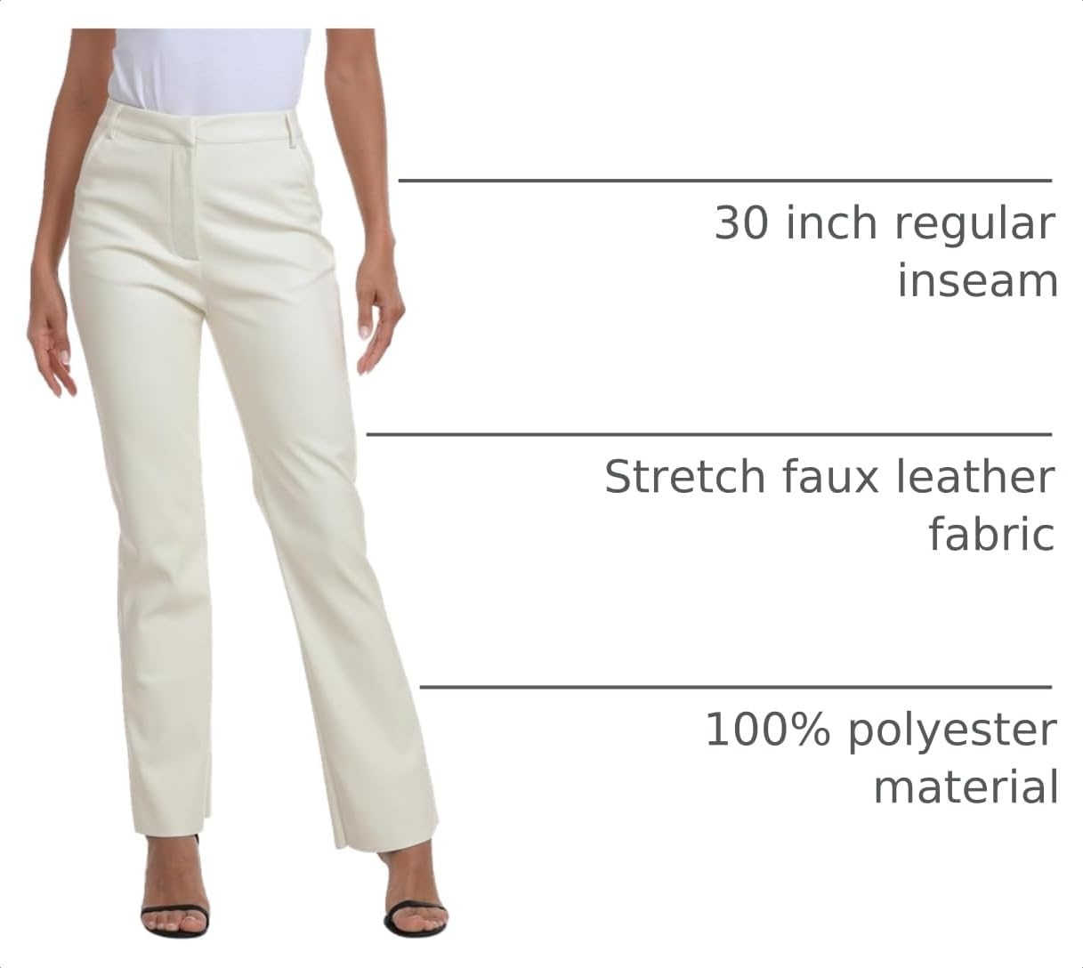 image:imageHDE Womens Faux Leather Pants High Waisted Straight Leg Trousers wPocketsCream White