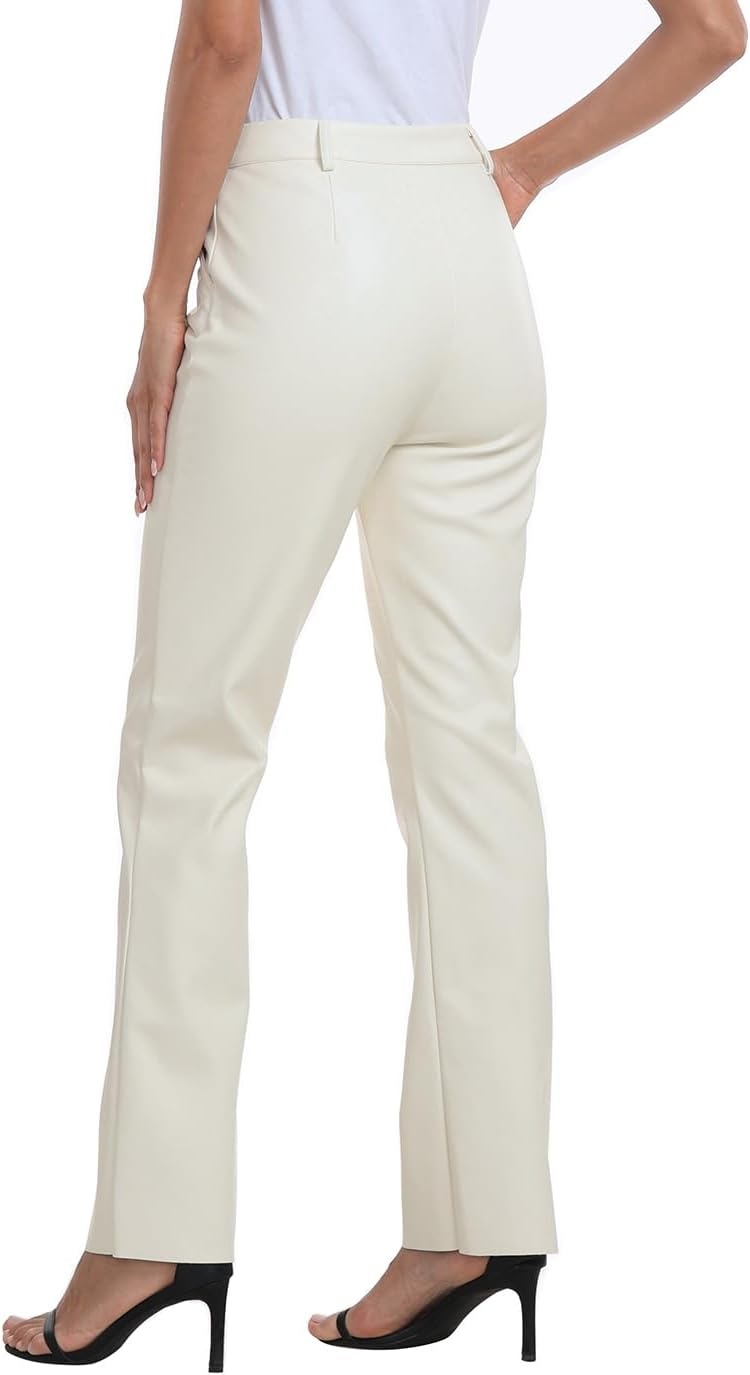 image:imageHDE Womens Faux Leather Pants High Waisted Straight Leg Trousers wPocketsCream White