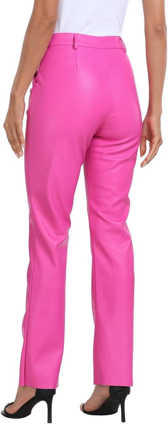 image:imageHDE Womens Faux Leather Pants High Waisted Straight Leg Trousers wPocketsHot Pink