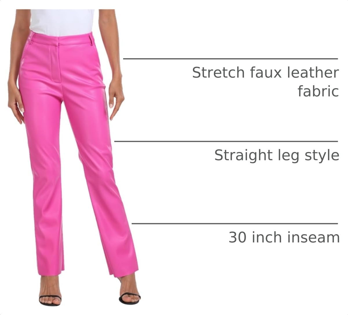 image:imageHDE Womens Faux Leather Pants High Waisted Straight Leg Trousers wPocketsHot Pink