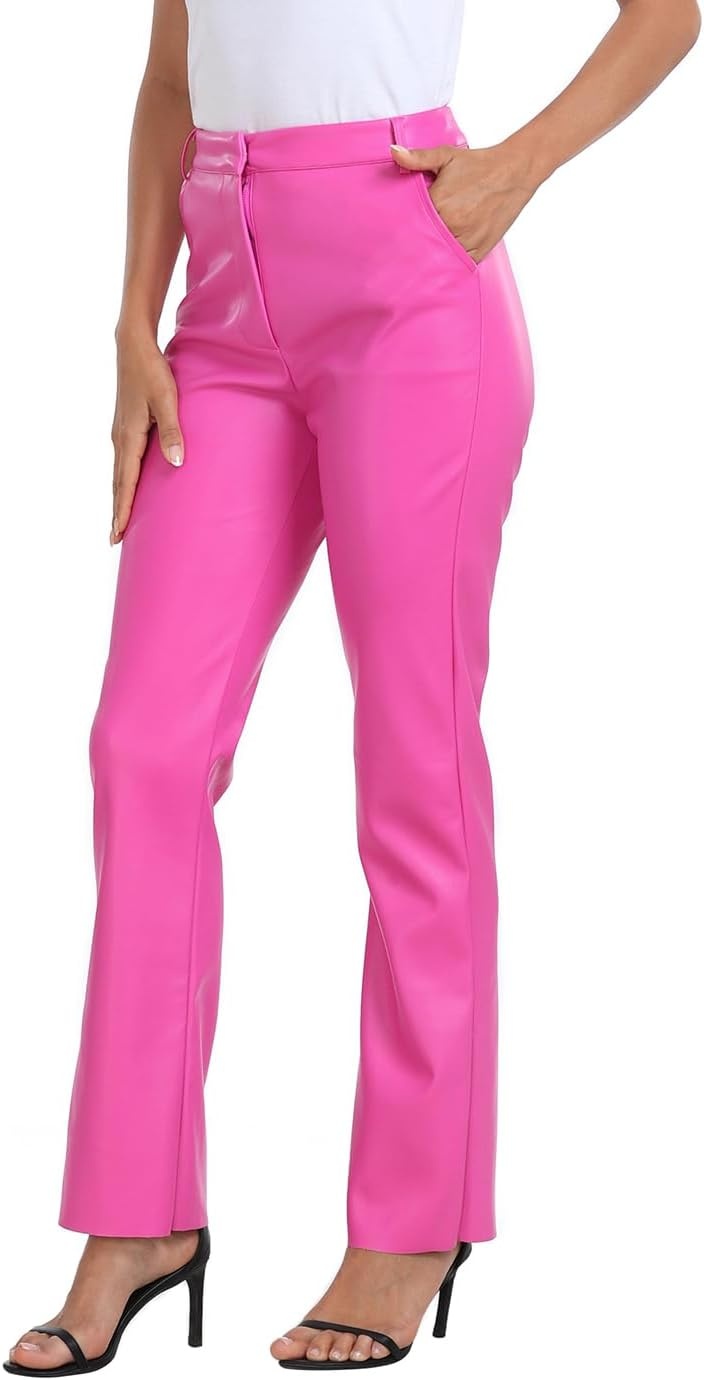 image:imageHDE Womens Faux Leather Pants High Waisted Straight Leg Trousers wPocketsHot Pink