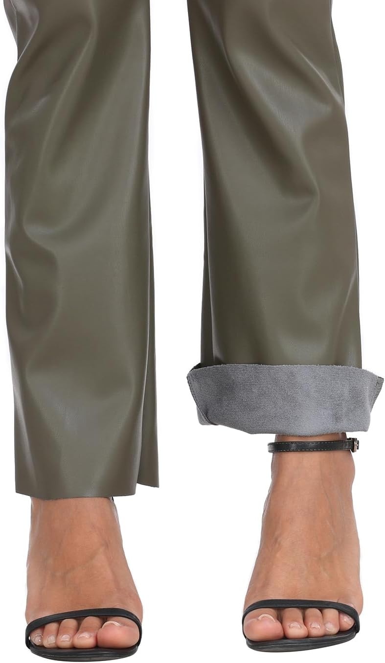 image:imageHDE Womens Faux Leather Pants High Waisted Straight Leg Trousers wPocketsOlive Green