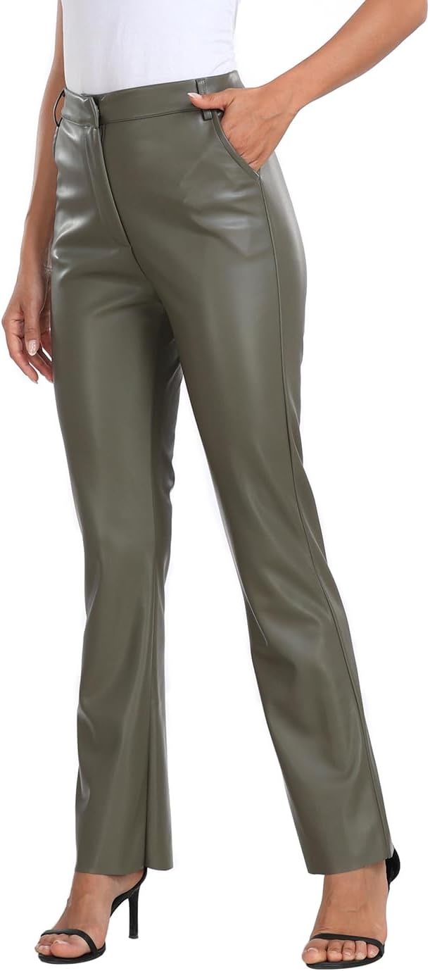 image:imageHDE Womens Faux Leather Pants High Waisted Straight Leg Trousers wPocketsOlive Green