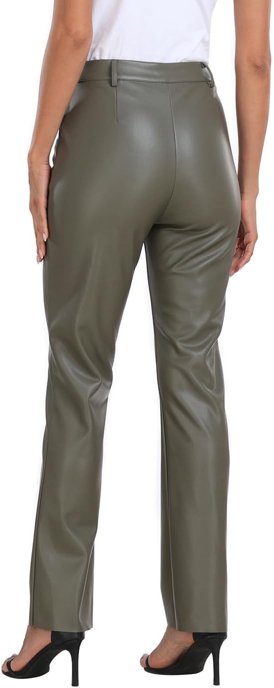 image:imageHDE Womens Faux Leather Pants High Waisted Straight Leg Trousers wPocketsOlive Green