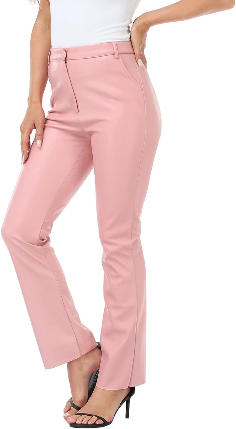 image:imageHDE Womens Faux Leather Pants High Waisted Straight Leg Trousers wPocketsPink