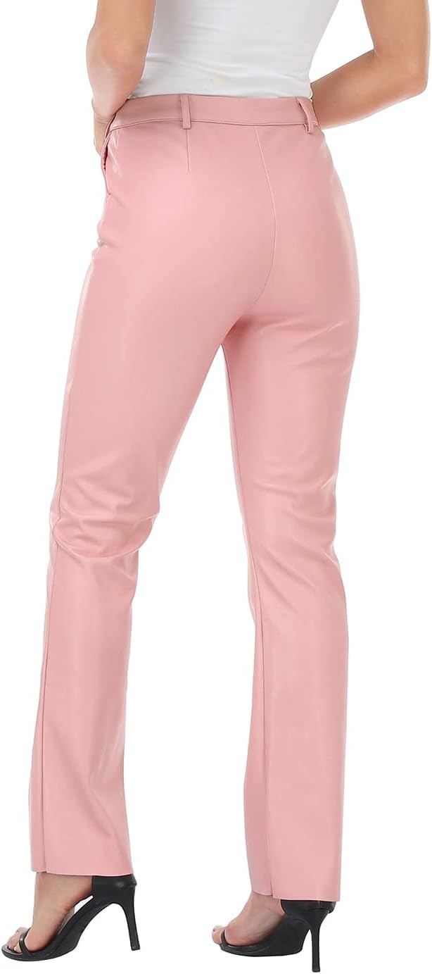 image:imageHDE Womens Faux Leather Pants High Waisted Straight Leg Trousers wPocketsPink