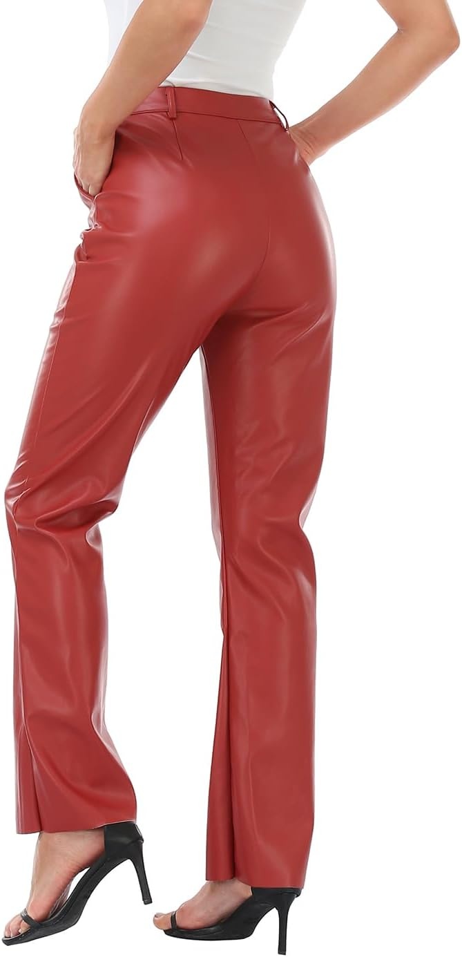image:imageHDE Womens Faux Leather Pants High Waisted Straight Leg Trousers wPocketsRed