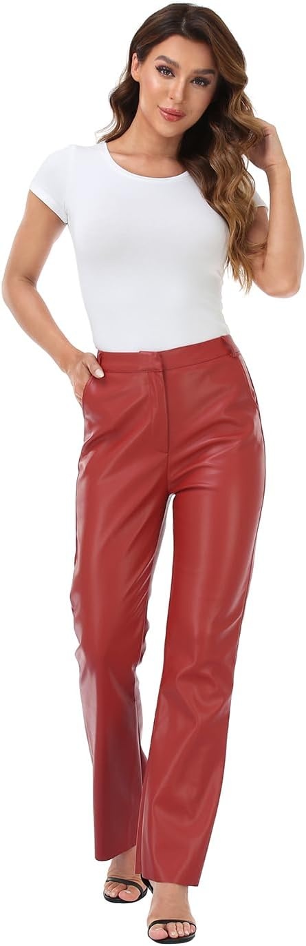 image:imageHDE Womens Faux Leather Pants High Waisted Straight Leg Trousers wPocketsRed
