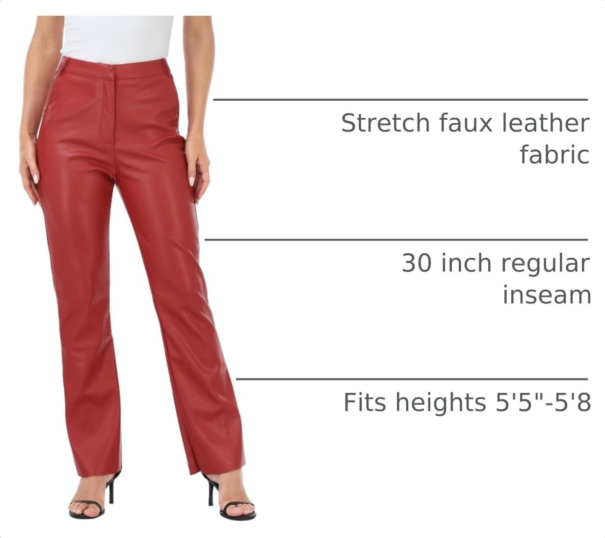 image:imageHDE Womens Faux Leather Pants High Waisted Straight Leg Trousers wPocketsRed