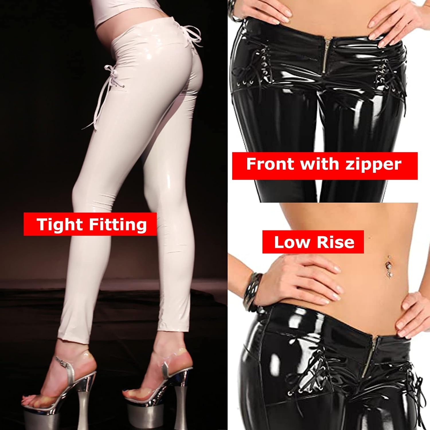 image:imageLESOYA Womens Synthetic Latex Wetlook PVC Leather Low Rise Leggings Skinny Tight Pants TrousersWhite