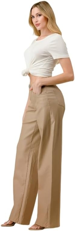 image:imageLOVER BRAND FASHION Womens High Waisted Super Stretch Faux Leather Wide Leg Pants Multiple Colors for Trendy Looks JeansAlmond