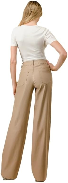 image:imageLOVER BRAND FASHION Womens High Waisted Super Stretch Faux Leather Wide Leg Pants Multiple Colors for Trendy Looks JeansAlmond