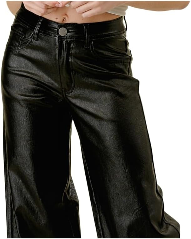 image:imageLOVER BRAND FASHION Womens High Waisted Super Stretch Faux Leather Wide Leg Pants Multiple Colors for Trendy Looks JeansBlack