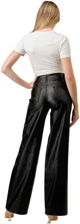 image:imageLOVER BRAND FASHION Womens High Waisted Super Stretch Faux Leather Wide Leg Pants Multiple Colors for Trendy Looks JeansBlack