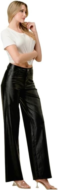 image:imageLOVER BRAND FASHION Womens High Waisted Super Stretch Faux Leather Wide Leg Pants Multiple Colors for Trendy Looks JeansBlack