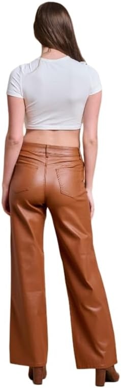 image:imageLOVER BRAND FASHION Womens High Waisted Super Stretch Faux Leather Wide Leg Pants Multiple Colors for Trendy Looks JeansBrown