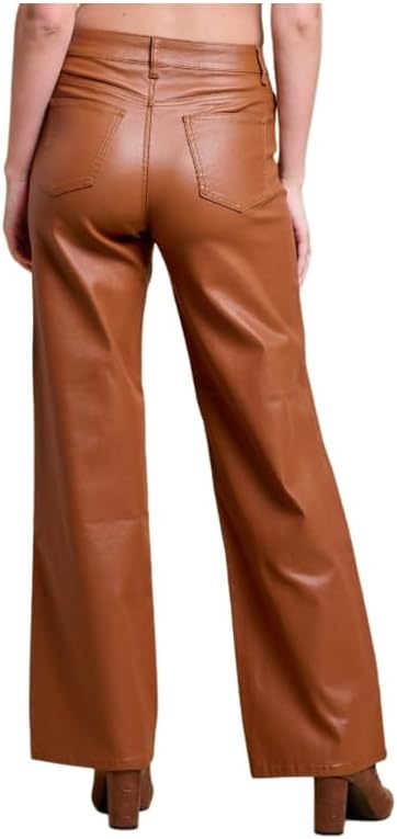 image:imageLOVER BRAND FASHION Womens High Waisted Super Stretch Faux Leather Wide Leg Pants Multiple Colors for Trendy Looks JeansBrown