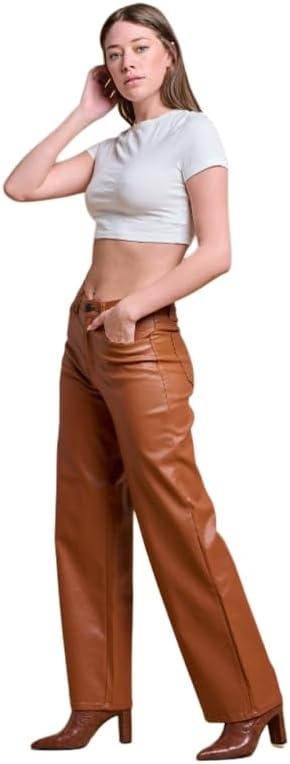 image:imageLOVER BRAND FASHION Womens High Waisted Super Stretch Faux Leather Wide Leg Pants Multiple Colors for Trendy Looks JeansBrown