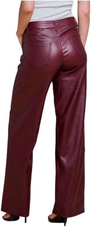 image:imageLOVER BRAND FASHION Womens High Waisted Super Stretch Faux Leather Wide Leg Pants Multiple Colors for Trendy Looks JeansBurgundy