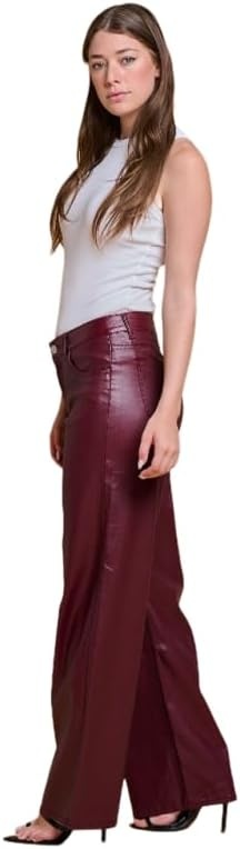 image:imageLOVER BRAND FASHION Womens High Waisted Super Stretch Faux Leather Wide Leg Pants Multiple Colors for Trendy Looks JeansBurgundy