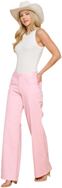 image:imageLOVER BRAND FASHION Womens High Waisted Super Stretch Faux Leather Wide Leg Pants Multiple Colors for Trendy Looks JeansLight Pink