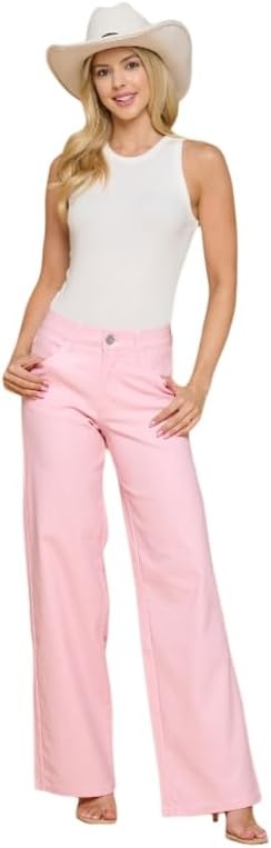 image:imageLOVER BRAND FASHION Womens High Waisted Super Stretch Faux Leather Wide Leg Pants Multiple Colors for Trendy Looks JeansLight Pink