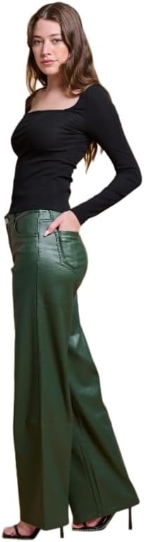 image:imageLOVER BRAND FASHION Womens High Waisted Super Stretch Faux Leather Wide Leg Pants Multiple Colors for Trendy Looks JeansOlive
