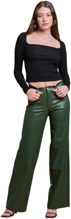 image:imageLOVER BRAND FASHION Womens High Waisted Super Stretch Faux Leather Wide Leg Pants Multiple Colors for Trendy Looks JeansOlive