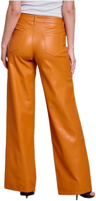 image:imageLOVER BRAND FASHION Womens High Waisted Super Stretch Faux Leather Wide Leg Pants Multiple Colors for Trendy Looks JeansRust