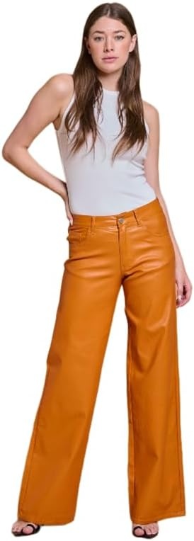 image:imageLOVER BRAND FASHION Womens High Waisted Super Stretch Faux Leather Wide Leg Pants Multiple Colors for Trendy Looks JeansRust