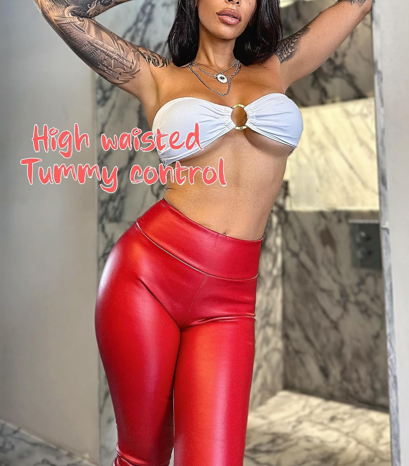image:imageLeather Leggings for Women Sexy PU High Waist Butt Lifting Tummy Control Leather Pants Skinny TightsBright Red