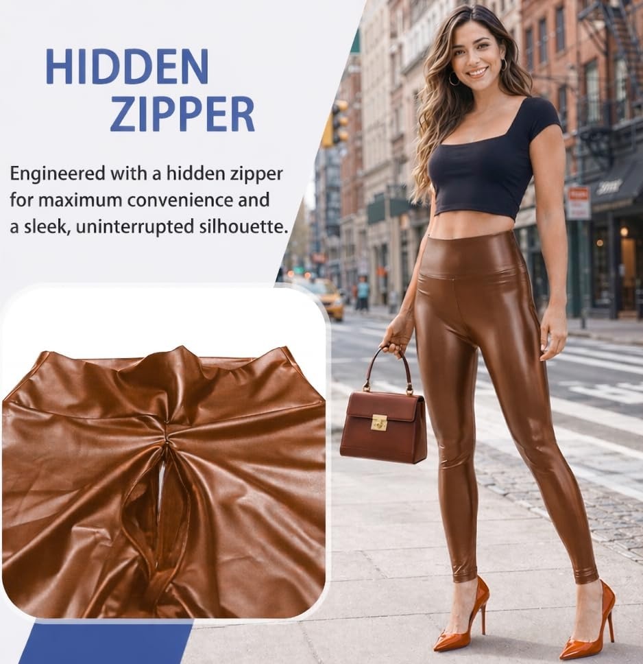 image:imageLiaeglam Womens Faux Leather Crotchless Leggings Open Crotch Zipper PantsBrown