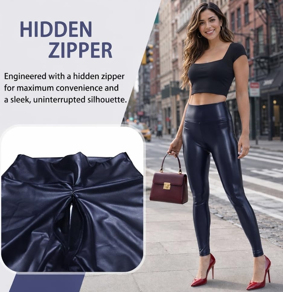 image:imageLiaeglam Womens Faux Leather Crotchless Leggings Open Crotch Zipper PantsDarkblue
