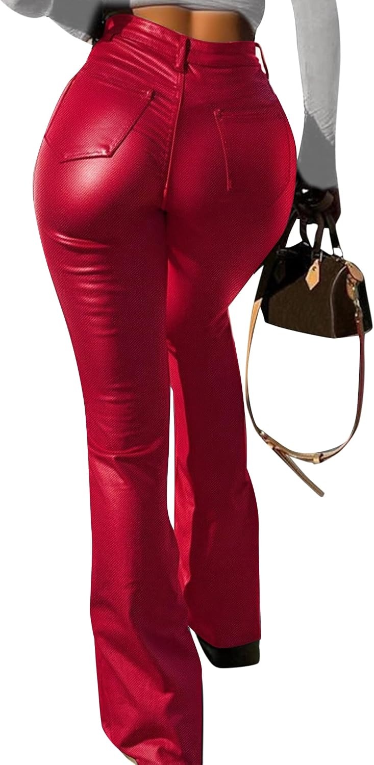image:imageLovelyWholesale Women Faux Leather Pants High Waisted Flare Pants for Concert Party ClubRed