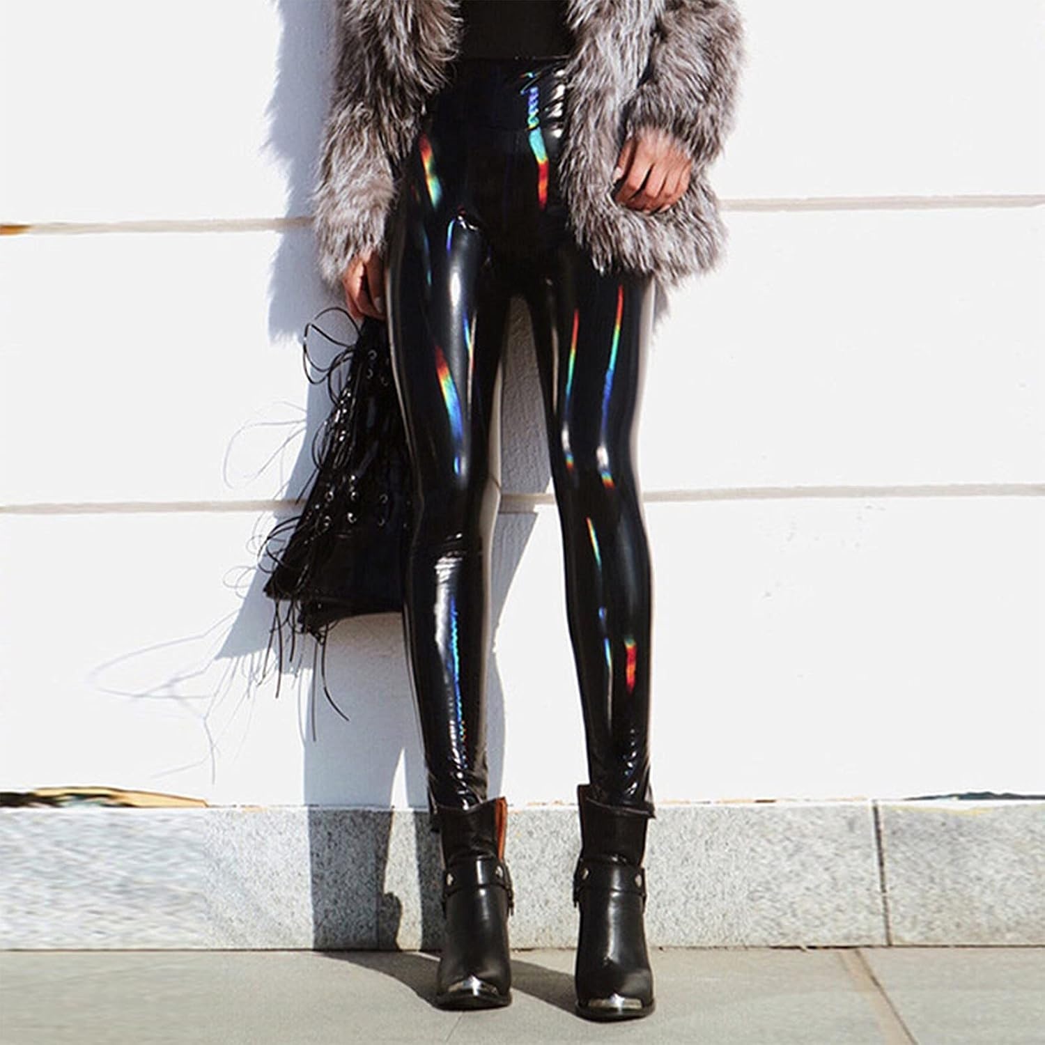 image:imageMaryia Womens Color Reflective Shiny Liquid Faux Leather Leggings Skinny Sexy Punk Tight Pants Stretch Shaping TrousersNeutral
