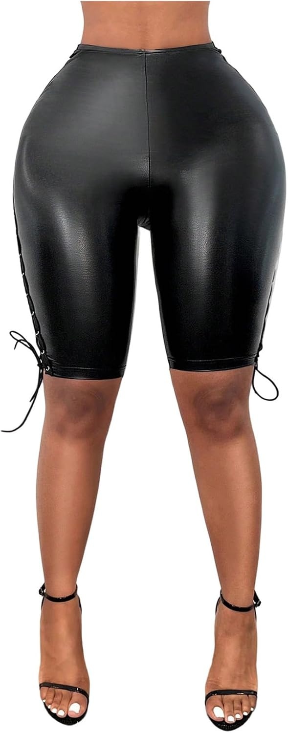image:imageMilumia Womens Sexy Faux Leather Leggings Y2k Punk Lace Up Knee Length Leggings Rave Club OutfitsBlack