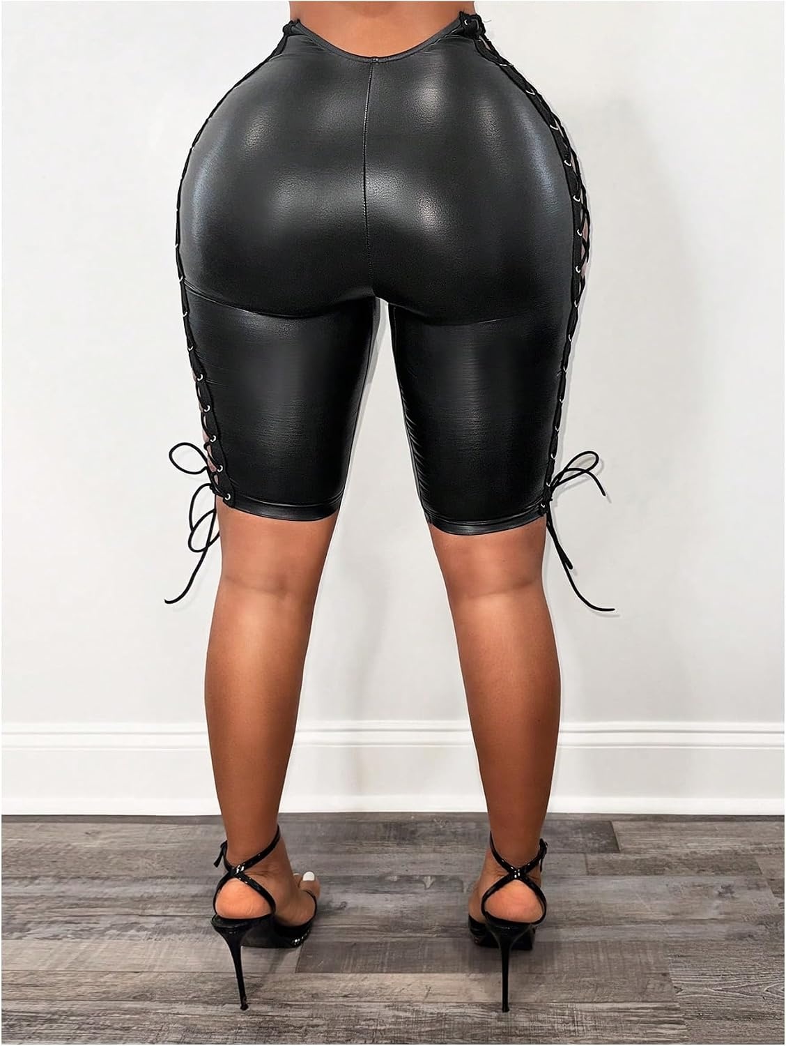 image:imageMilumia Womens Sexy Faux Leather Leggings Y2k Punk Lace Up Knee Length Leggings Rave Club OutfitsBlack