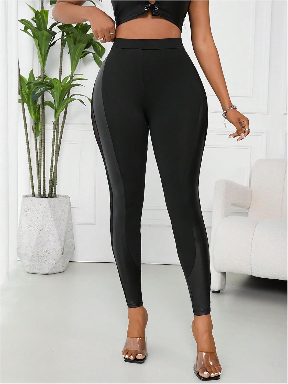 image:imageOYOANGLE Womens Cut Out Sexy Leggings Mesh Lace Leather Tight PantsBlack