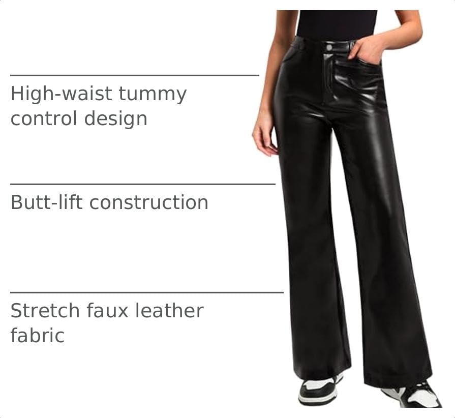 image:imageOZICERD Black Faux Leather Pants for Women High Waisted Flare Leggings Straight Wide Leg Pleather Pants with PocketsA1 Wide Leg Leather Pants Black