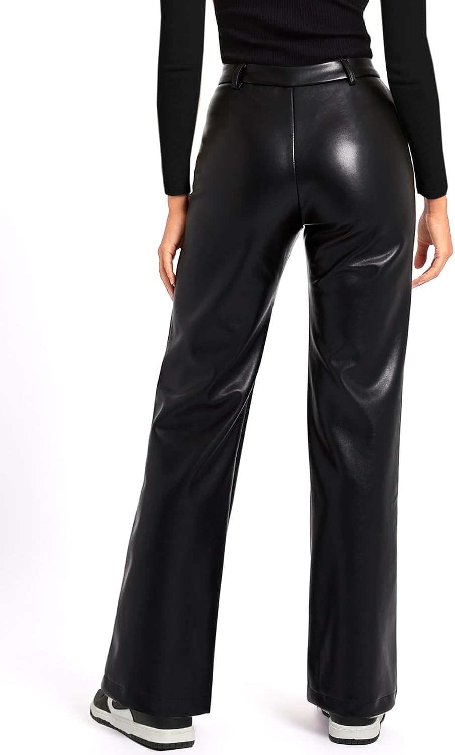 image:imageOZICERD Black Faux Leather Pants for Women High Waisted Flare Leggings Straight Wide Leg Pleather Pants with PocketsA1 Wide Leg Leather Pants Black
