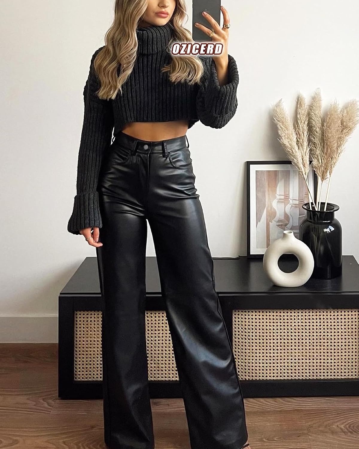 image:imageOZICERD Black Faux Leather Pants for Women High Waisted Flare Leggings Straight Wide Leg Pleather Pants with PocketsA1 Wide Leg Leather Pants Black