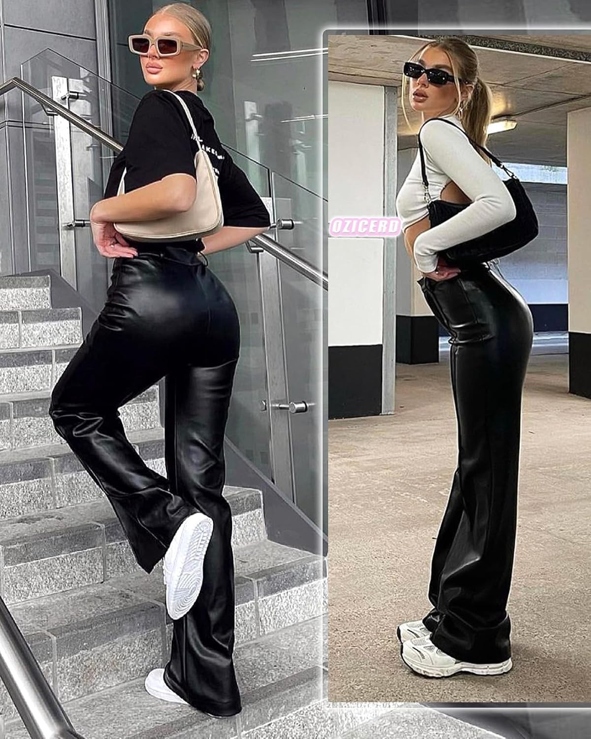 image:imageOZICERD Black Faux Leather Pants for Women High Waisted Flare Leggings Straight Wide Leg Pleather Pants with PocketsA1 Wide Leg Leather Pants Black