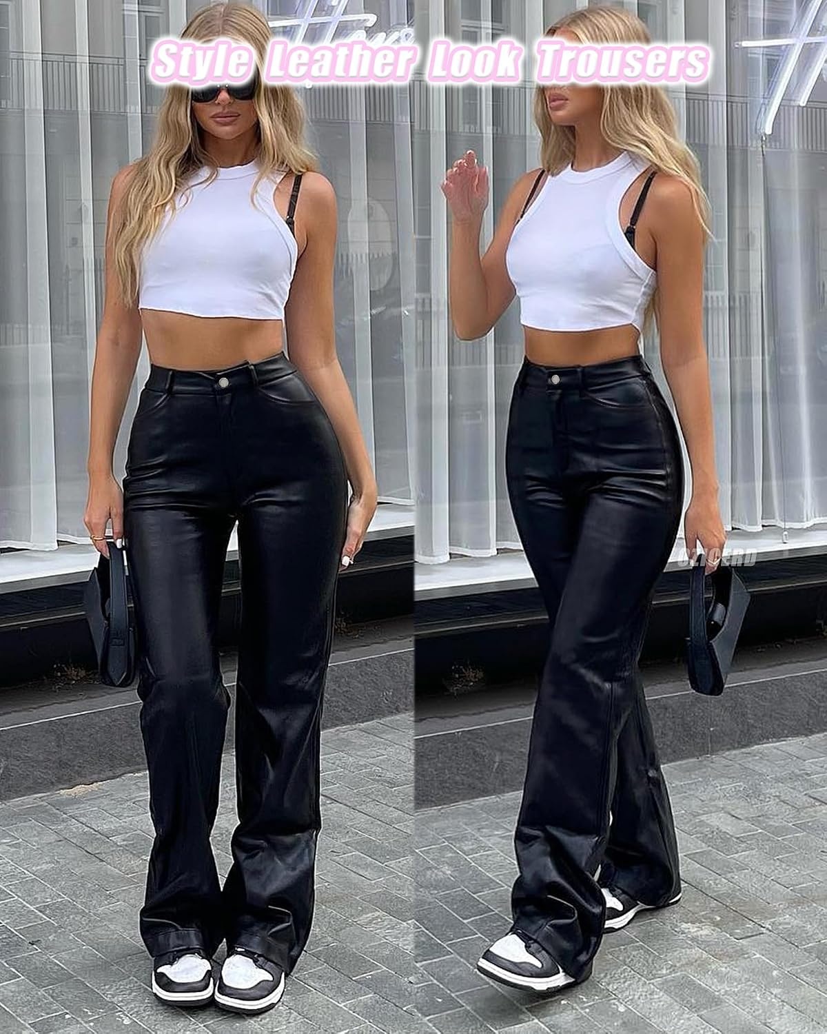 image:imageOZICERD Black Faux Leather Pants for Women High Waisted Flare Leggings Straight Wide Leg Pleather Pants with PocketsA1 Wide Leg Leather Pants Black