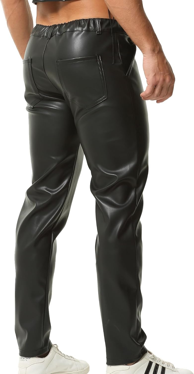 image:imageQiaTi Mens Faux Leather Pants Casual Stretch PU Leather Straight Leg Slim Fit Trousers Motorcycle Club Long Pant for Men1black