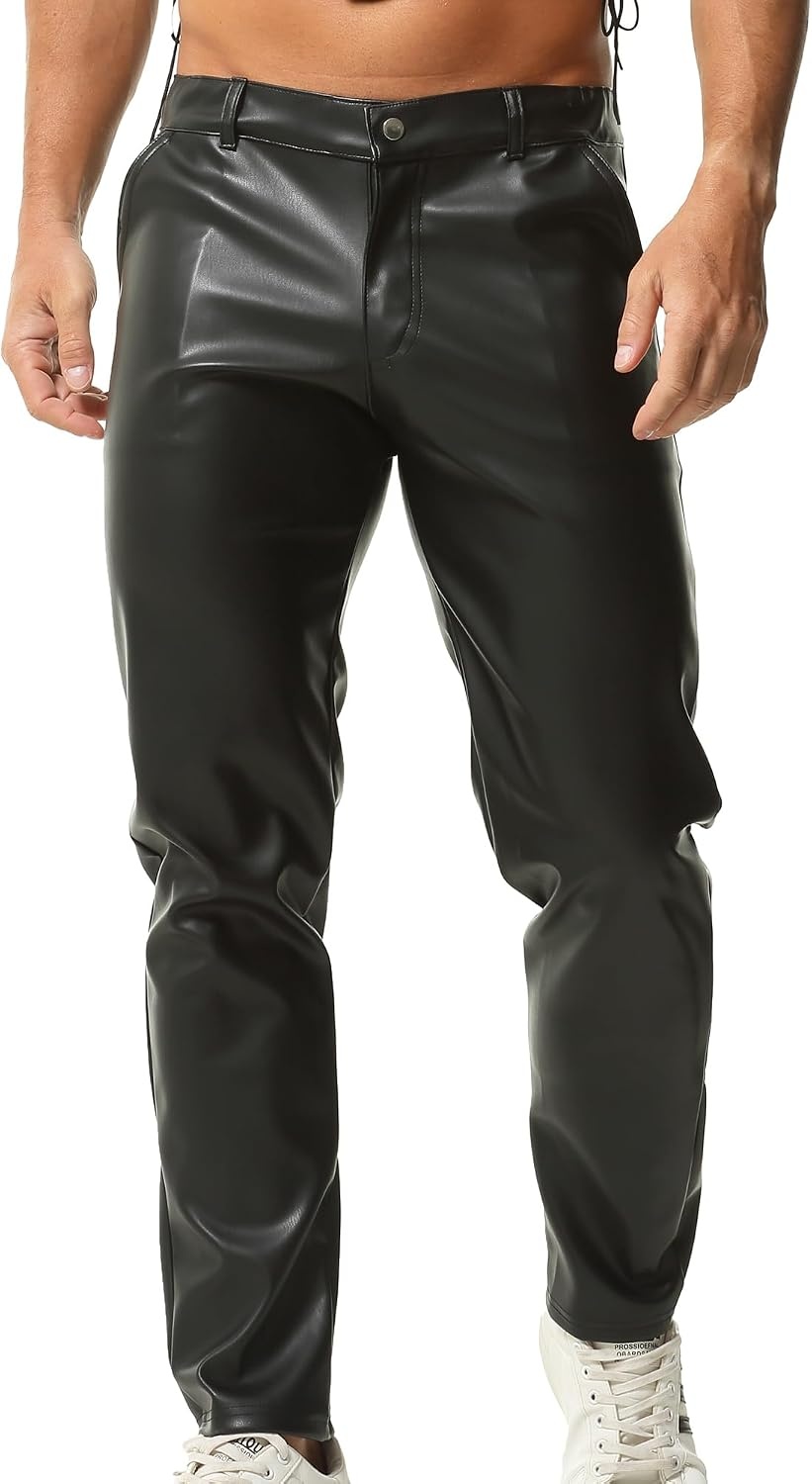 image:imageQiaTi Mens Faux Leather Pants Casual Stretch PU Leather Straight Leg Slim Fit Trousers Motorcycle Club Long Pant for Men1black