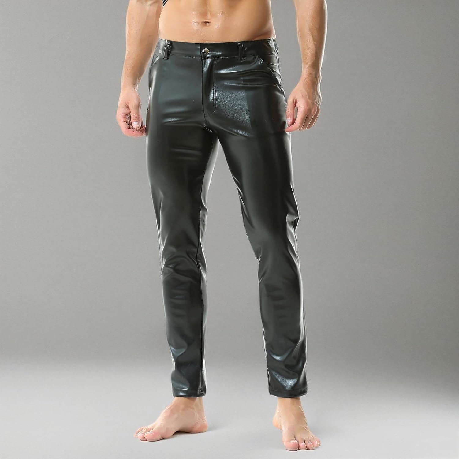 image:imageQiaTi Mens Faux Leather Pants Casual Stretch PU Leather Straight Leg Slim Fit Trousers Motorcycle Club Long Pant for Men1black