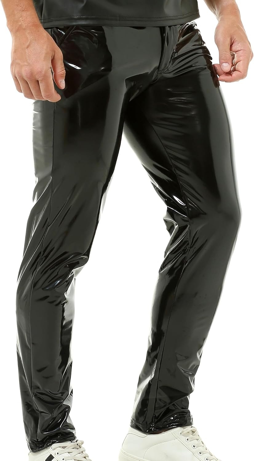 image:imageQiaTi Mens Faux Leather Pants Casual Stretch PU Leather Straight Leg Slim Fit Trousers Motorcycle Club Long Pant for Men2black
