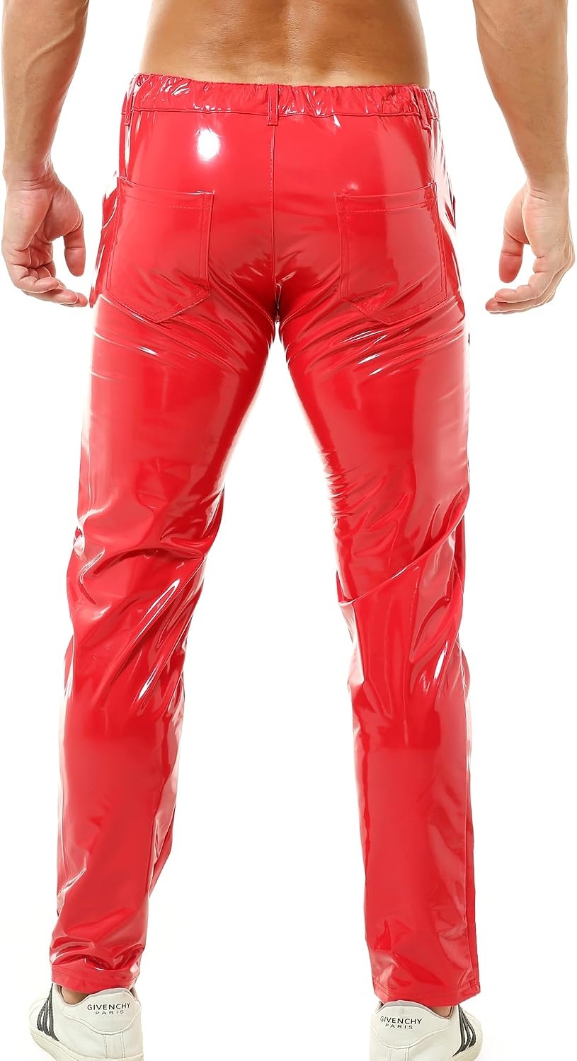image:imageQiaTi Mens Faux Leather Pants Casual Stretch PU Leather Straight Leg Slim Fit Trousers Motorcycle Club Long Pant for Men2red